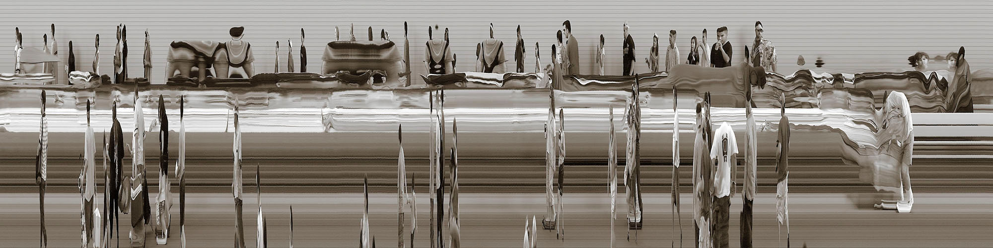 older people distorted distortion pan epan lines night parade slitscan people crowd wander walking black white gray grey stretch skinny blur bizarre x and dimensional exchange