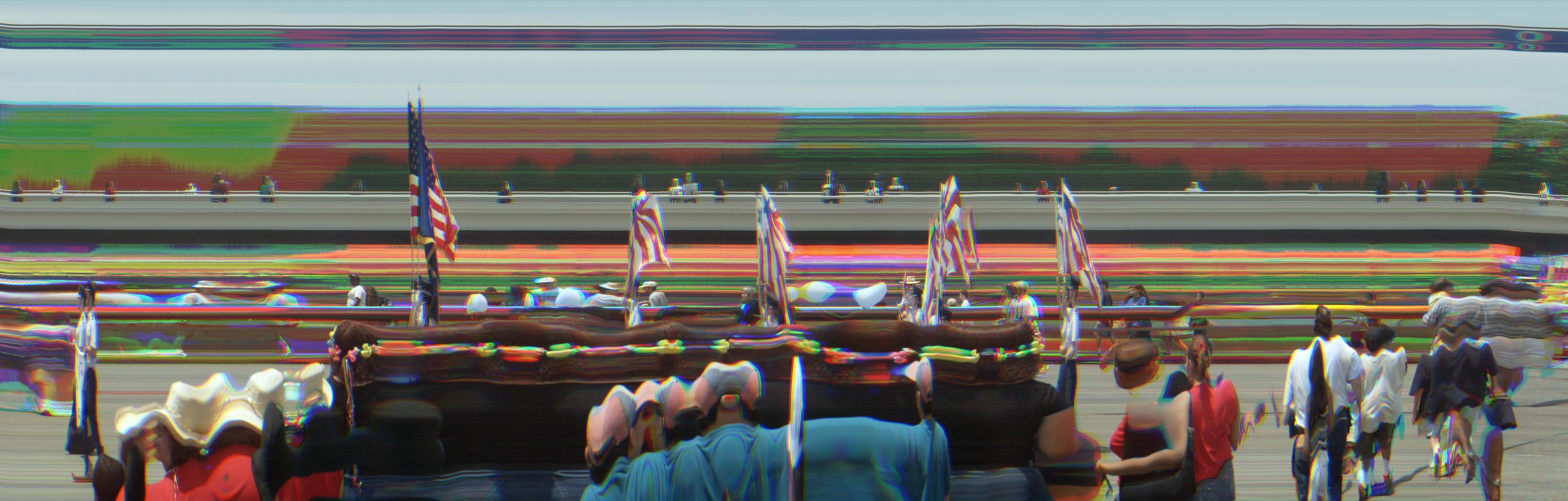 people parade flag lines pan epan distortion distorted waves panoramic slitscan people red orange yellow green blue purple stripes stars american crowd black white  x time dimensional exchange san antonio
