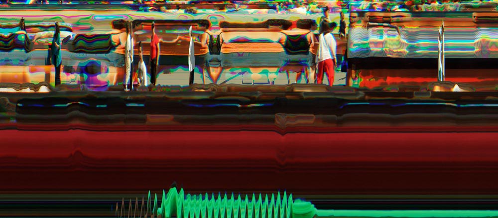 people parade indecision pan epan distorted distortion waves lines panoramic slitscan people red green wave collage orange blue purple pink stretch crazy bizarre x time dimensional exchange san antonio