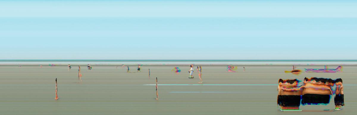 people boy beach sand pan epan relativity lines panoramic slitscan people coast ocean person little gray grey black pink black x time dimensional exchange summer