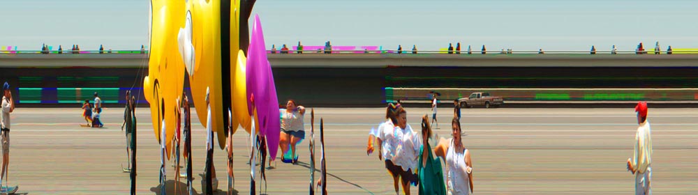 people parade float big bug pan epan lines waves distorted distortion panoramic slitscan people yellow turquoise red purple white black green crowd  grey gray tan brown x time dimensional exchange san antonio