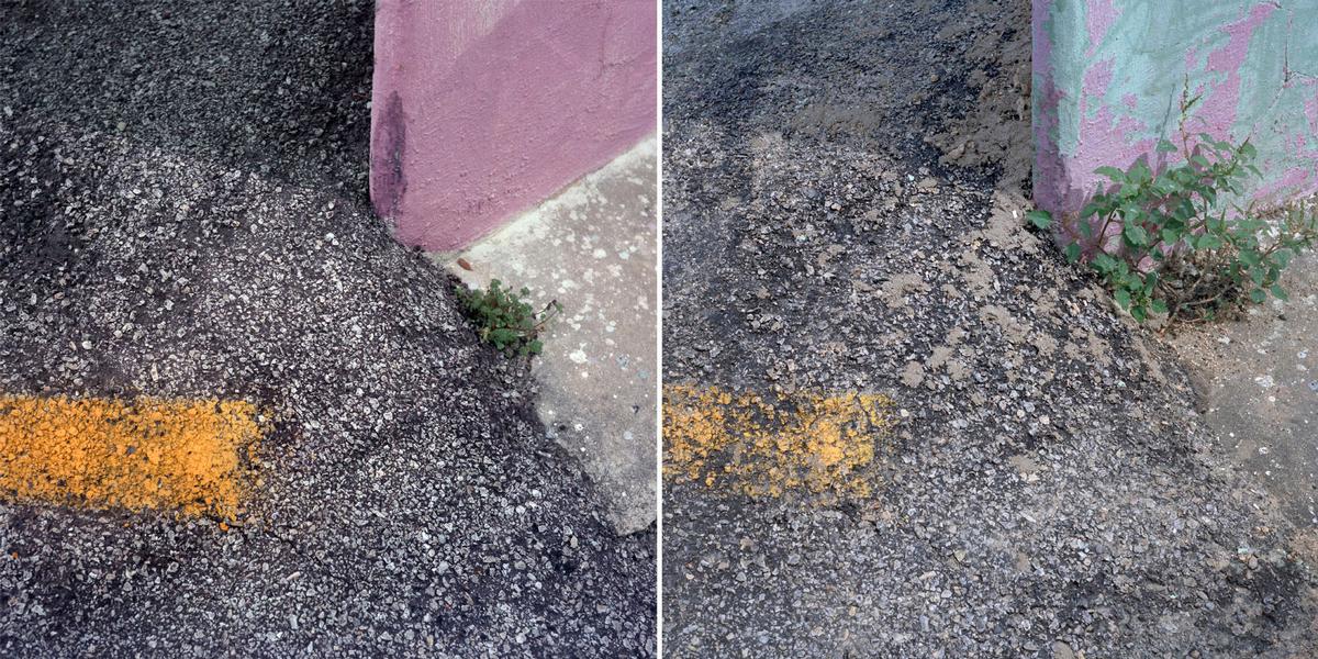 parking lot stripe paint diptych new old same spot place time deteriorate grass yellow pink blue gray grey black white